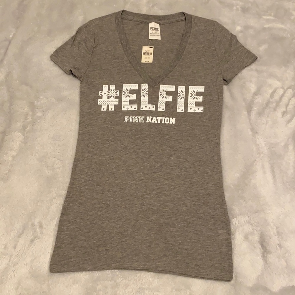 Women’s VS Pink v-neck T-shirt..Christmas themed, NWT, size XS.